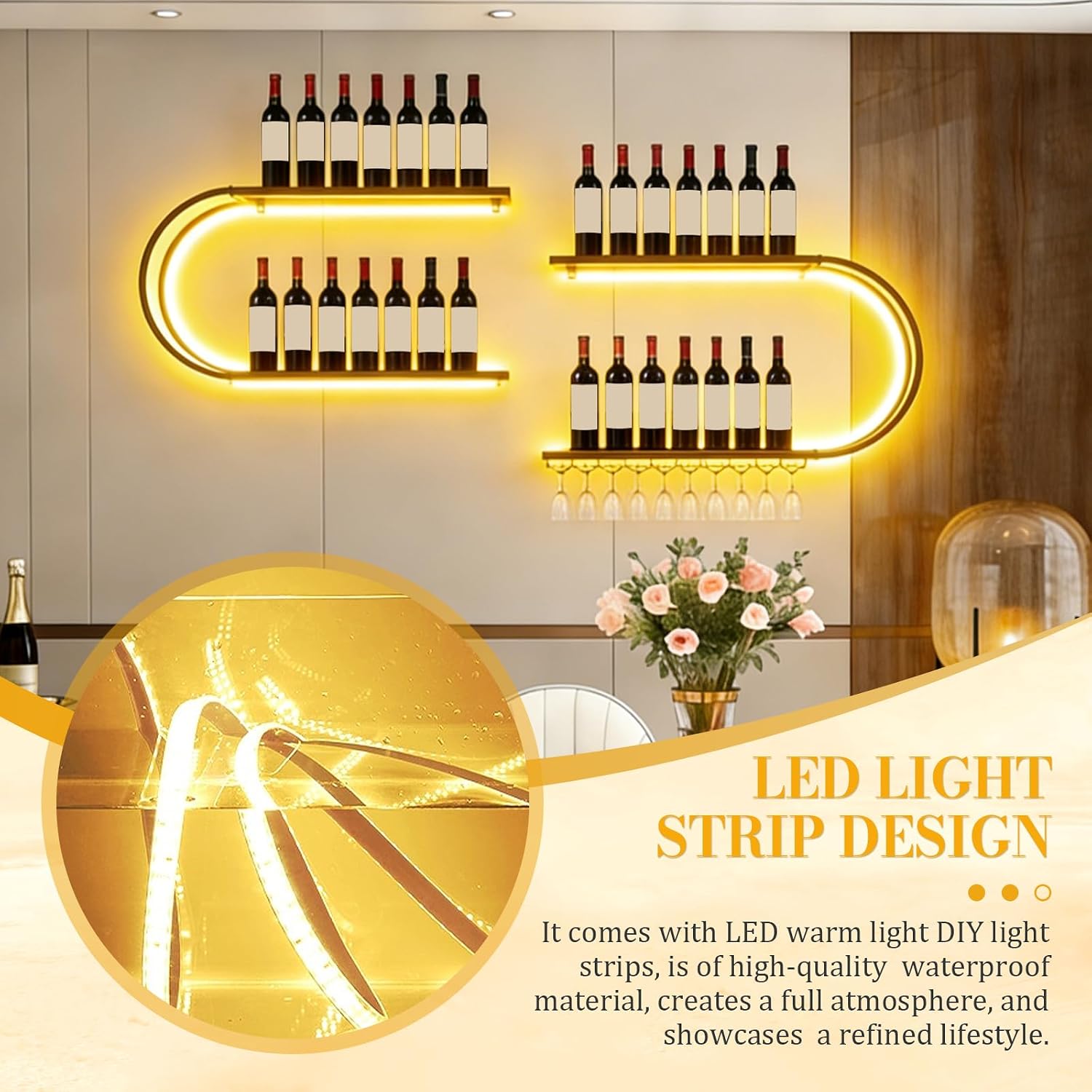 71" Modern Wall Mounted Wine Rack with LED Lights, 4-Tiers Wine Rack with Wine Glass Holder, Liquor Bottle Display Shelf for Home Bar Dining Room Kitchen Living Room-Black 70.87“