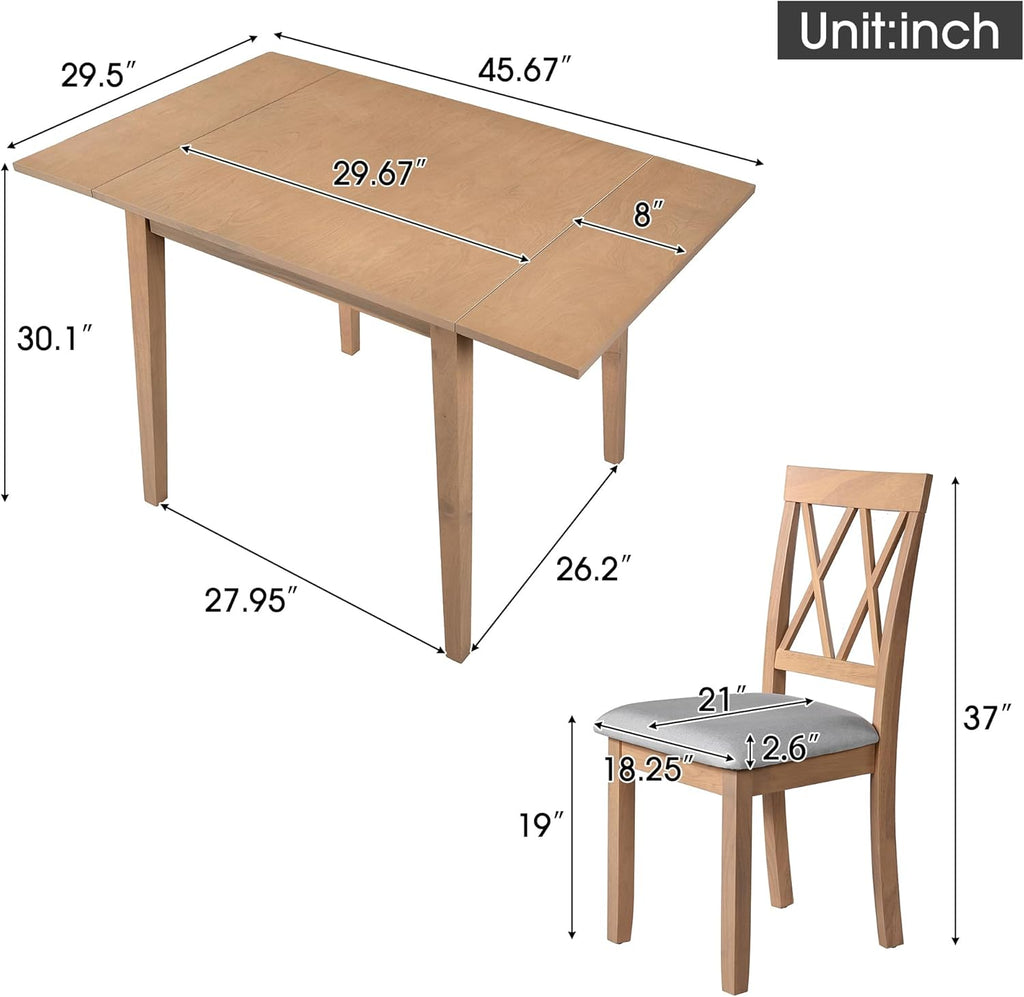 P PURLOVE 5 Piece Kitchen Dining Set, Wood Dining Table Set with Drop Leaf Dining Table and 4 Dining Upholstered Chairs, Dining Room Set for Small Places, Natural