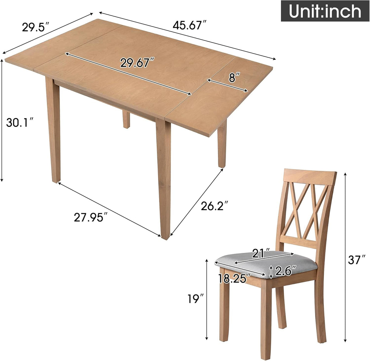 P PURLOVE 5 Piece Kitchen Dining Set, Wood Dining Table Set with Drop Leaf Dining Table and 4 Dining Upholstered Chairs, Dining Room Set for Small Places, Natural