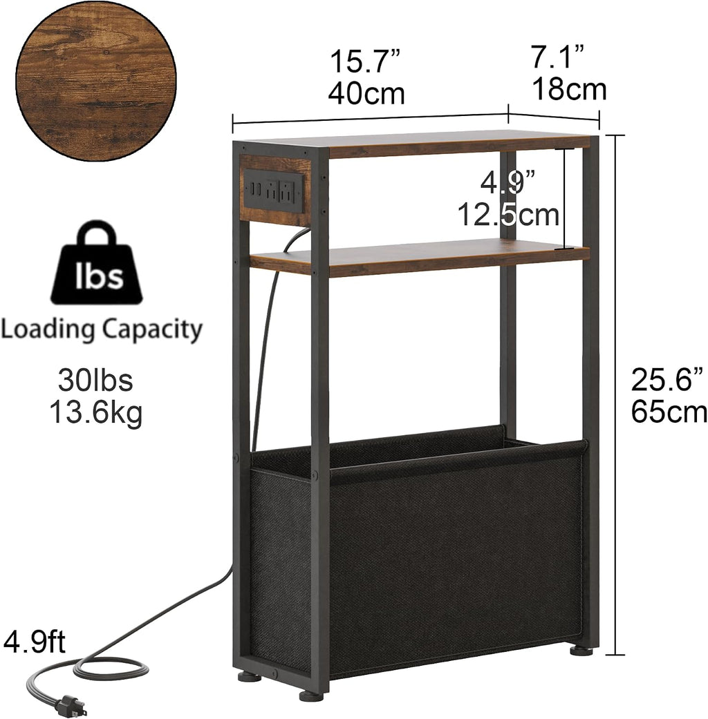 Leomonio Narrow Side Table, Slim End Tables with Fabric Basket, Skinny Table for Small Spaces, Thin Bedside Table for Living Room, Bedroom (1, Rustic Brown - Outlet)