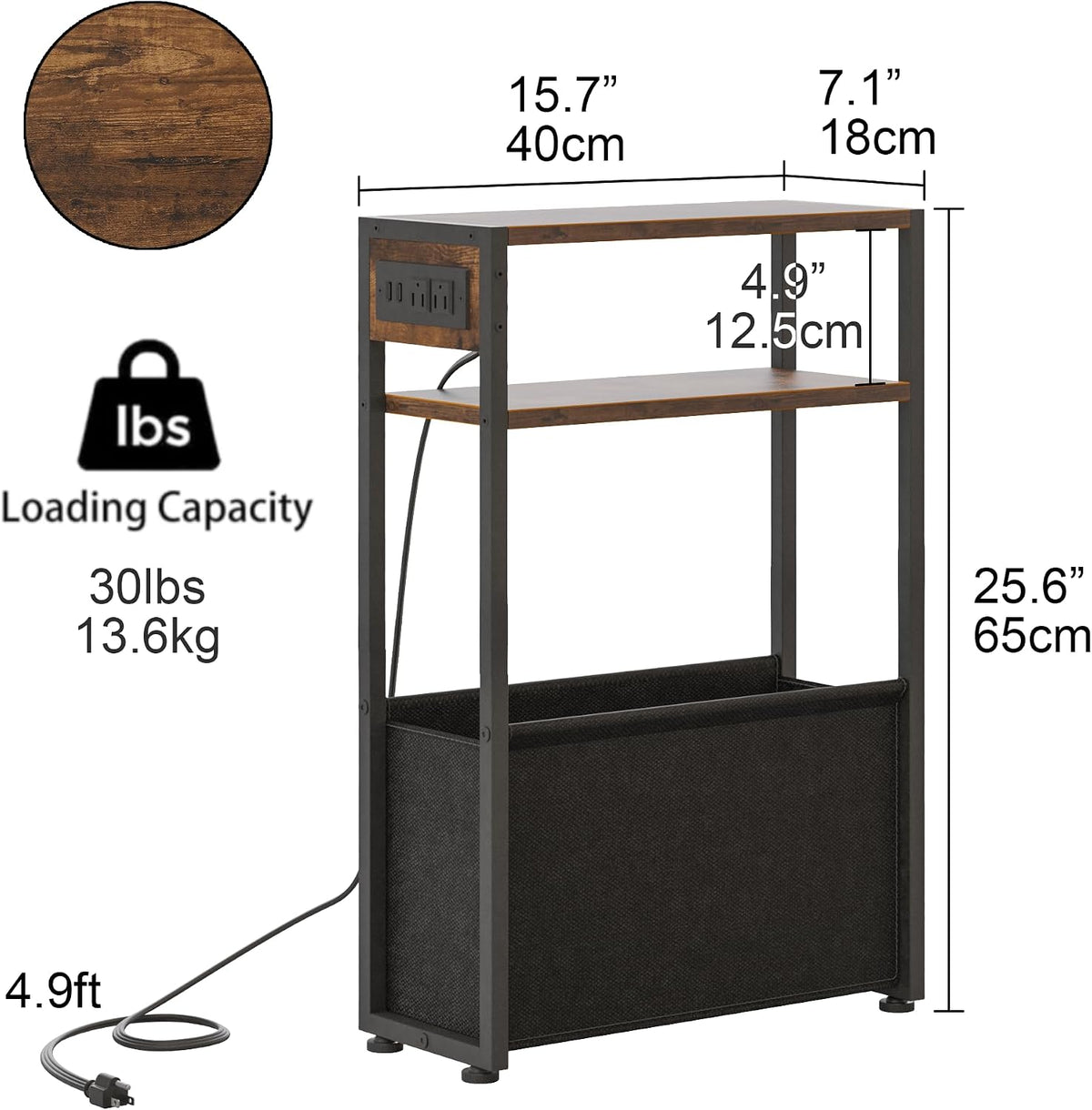 Leomonio Narrow Side Table, Slim End Tables with Fabric Basket, Skinny Table for Small Spaces, Thin Bedside Table for Living Room, Bedroom (1, Rustic Brown - Outlet)