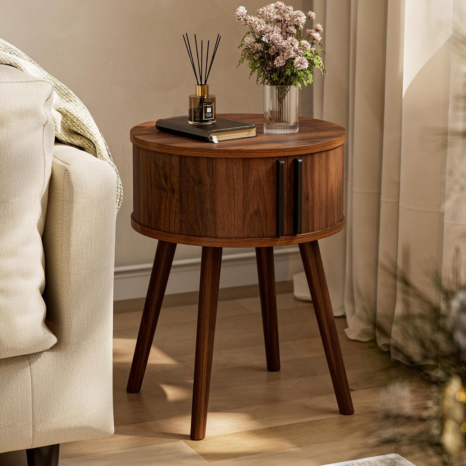 ZttRiee Side Table with Sliding Door & Cabinet, End Table for Living Room, Night Stand for Bedroom, Modern Bedside Table with Solid Wood Legs, Walnut