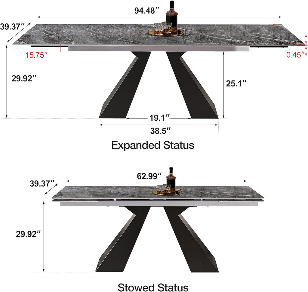 Telescoping Faux Marble Table 63-94.49" Adjustable Length 8-10 People Heavy Duty Carbon Steel Base for Kitchen Dining Room Family Party (62.99''-94.48'' Bonnes)