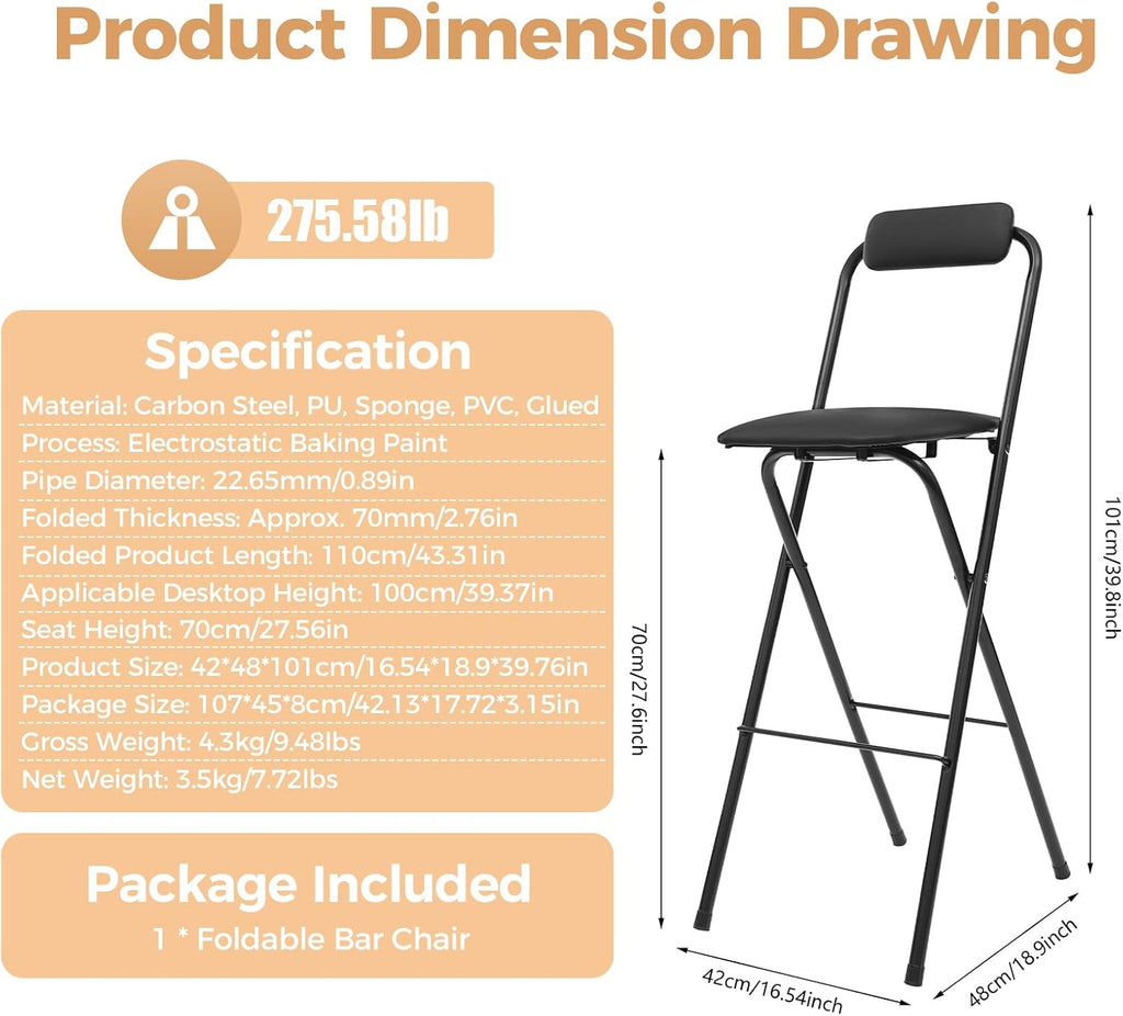 Folding Stool, Cushioned Padded Folding Stool Portable Bar Stool with Back for Camping Kitchen Home Office, Tall Bar Collapsible Stools (Black, 1Pcs 27.56in)