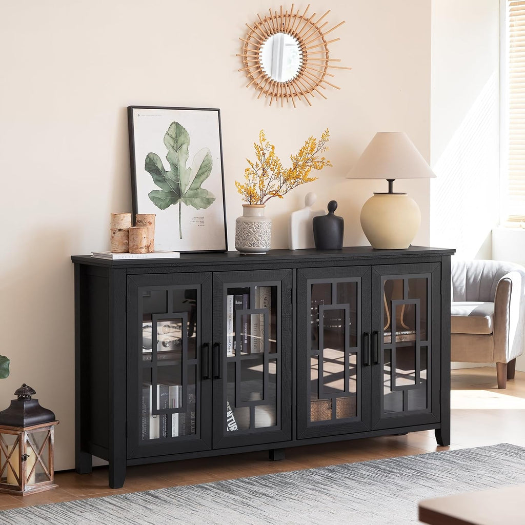 Joaxswe Large Sideboard Buffet Cabinet with Storage, 63" Farmhouse Credenza with 4 Glass Doors, Adjustable Shelves Console Table, Wood Kitchen Coffee Bar for Dining Room, Living Room, Black