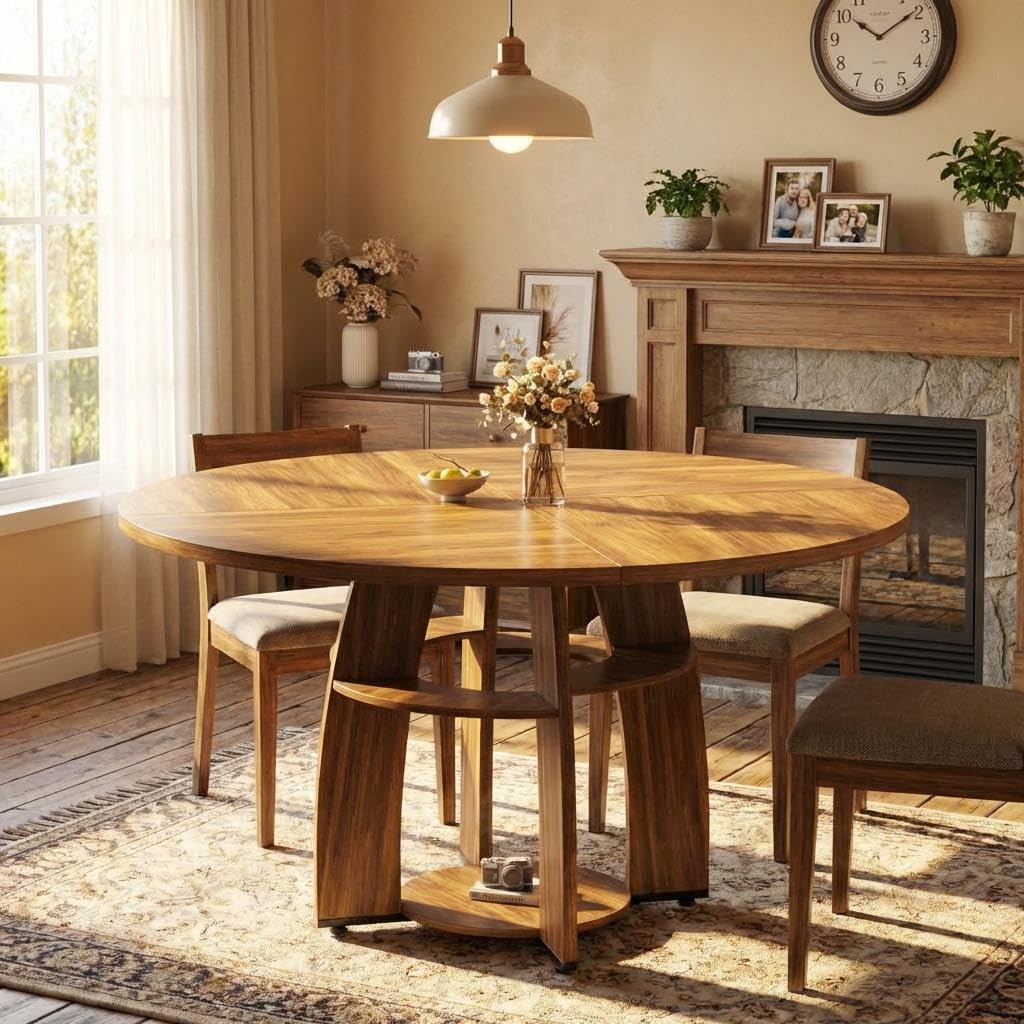 Jojoka 47 Inch Round Dining Table for 4-6 People, Wooden Kitchen Table with Sturdy Pedestal Base, Small Dining Table, Round Table for Dining Room & Living Room, Easy Assembly – Walnut Brown