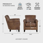 Lexicon Top Grain Genuine Leather Chair, Rolled Armrest, Classic Brown | Living Room Leather Accent Chair, Solid Wood Frame, Nailhead Trim, Comfy Reading Chair for Bedroom, Office