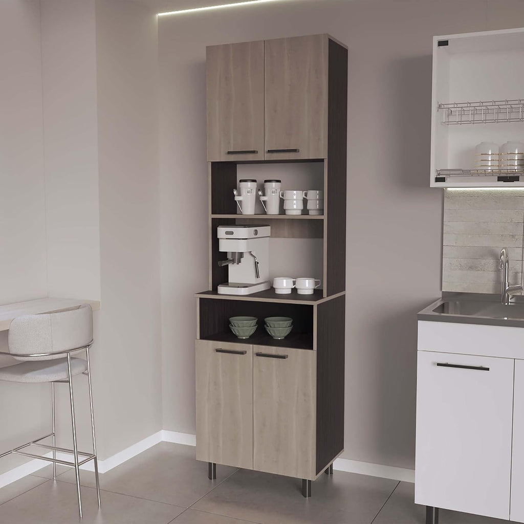 White Oak and Wengue Kitchen Pantry with Open Storage and 4 Doors | Combines white oak and wengue finishes with four doors and open storage