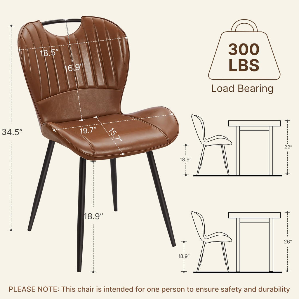Modern Dining Chair, Faux Leather with Metal Legs for Kitchen (1PCS, Brown) | Easy to Clean Faux Leather, Ergonomic Back Support, 300 lbs Capacity, Minimalist for Kitchen, Dining Room, Restaurant, Cafe
