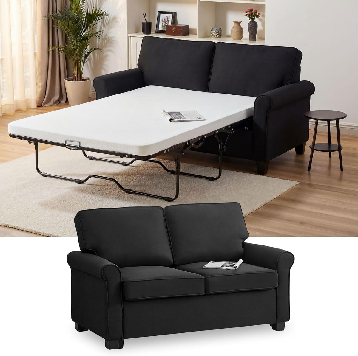 Pull Out Sofa Bed with Mattress, 57" Convertible Sofa Bed Loveseat, Twin Sleeper Sofa Couch with Pocketed Coil Seating, Upholstered Fabric Sofa Bed for Small Spaces,Black