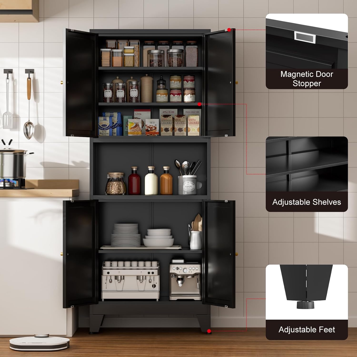 Metal Kitchen Pantry Cabinet, 69" Tall Black Storage Cabinet with 4 Doors and 3 Adjustable Shelves, Freestanding Cupboards with Microwave Stand for Dining Room, Living Room, Bathroom