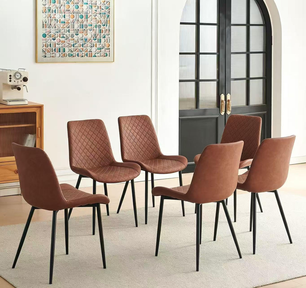 PU Leather Dining Chairs Set of 6, Modern Armless Dining Room Chairs, Comfy Upholstered Kitchen Chairs with Backrest, Black Metal Legs for Living Room, Dinning Room, Brown