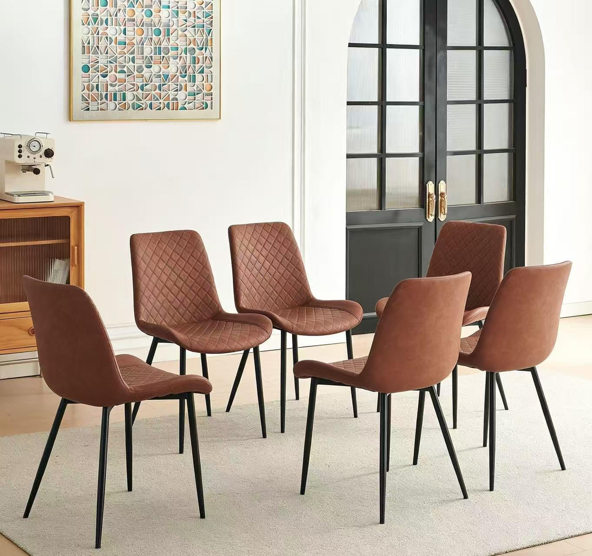 PU Leather Dining Chairs Set of 6, Modern Armless Dining Room Chairs, Comfy Upholstered Kitchen Chairs with Backrest, Black Metal Legs for Living Room, Dinning Room, Brown