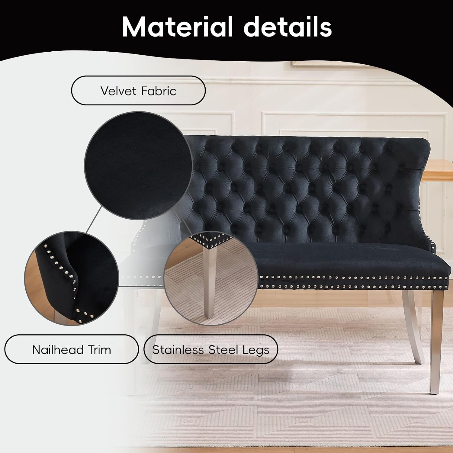 Black Velvet Dining Bench, Tufted Upholstered Dining Loveseat | Wing Back Seating with Silver Stainless Steel Legs, Modern Dining Room Furniture