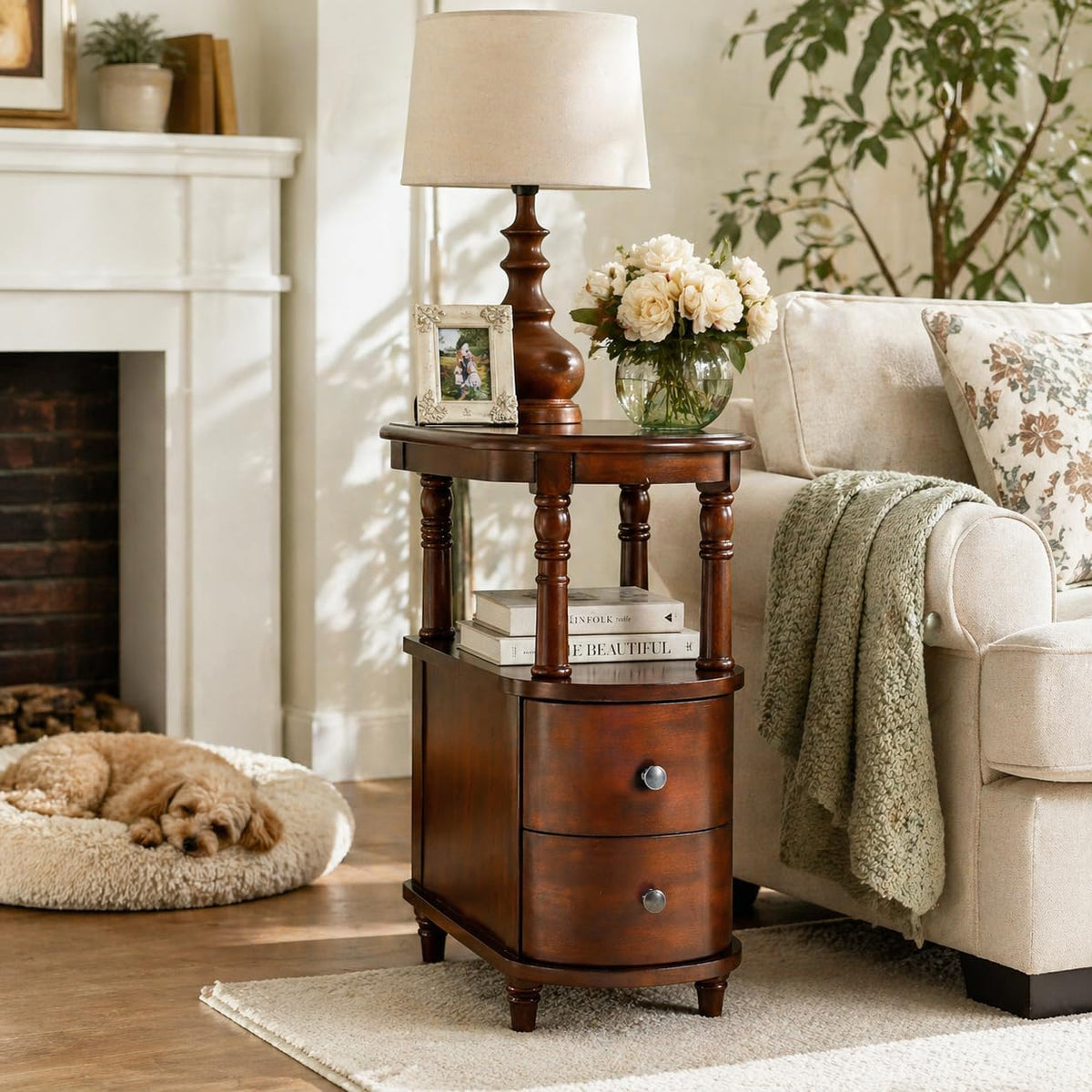 Narrow End Table with 2 Storage Drawers, Retro Vintage Sofa Beside Table, Wood Slim Telephone Table for Living Room,Saving-space, 23.4“L x 11.4"W x 25.3"H, No-Tools Assembly, Cherry Walnut BG-A508-CY