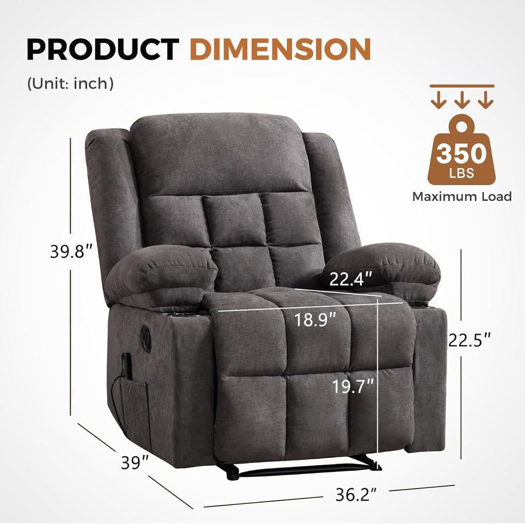 HAOMARKETS Classic Manual Recliners with Massage and Heat for Adults, Breathable Fabric Recliner Chair with 2 Cup Holders & Side Pockets, Overstuffed Heavy Duty Reclining Sofa for Living Room, Grey