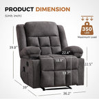 HAOMARKETS Classic Manual Recliners with Massage and Heat for Adults, Breathable Fabric Recliner Chair with 2 Cup Holders & Side Pockets, Overstuffed Heavy Duty Reclining Sofa for Living Room, Grey