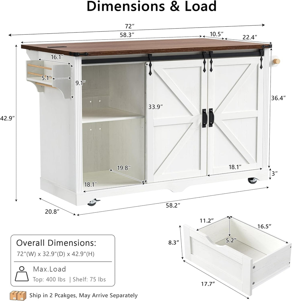72" Rolling Kitchen Island with Mini Fridge Space & Power Outlet,White | Farmhouse Kitchen Cart Cabinet with Drop Leaf Table, 4 Drawers, Sliding Barn Doors & Wine Glass Holder