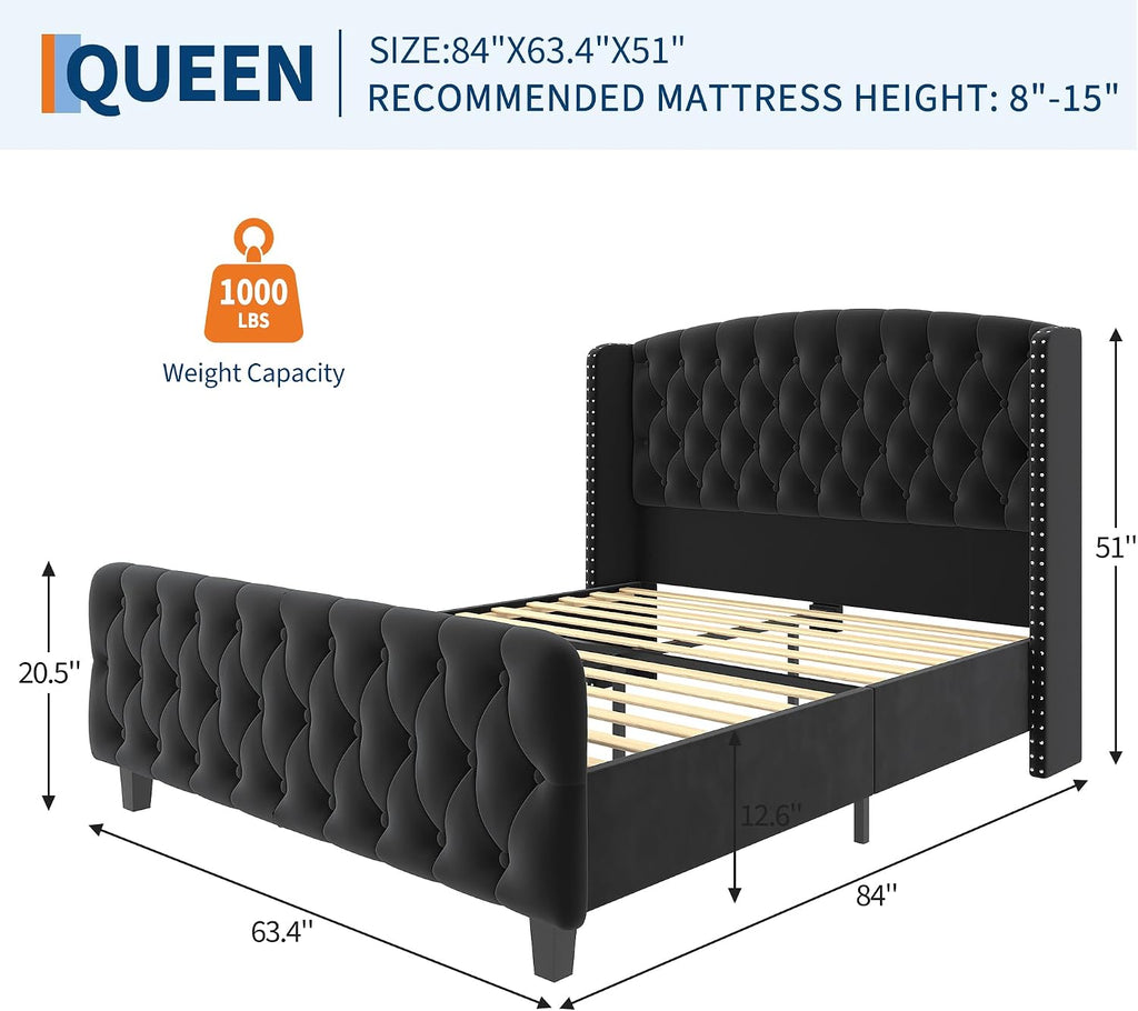 GarveeHome 51" Tall Queen Size Bed Frame with Wingback Headboard, Black
