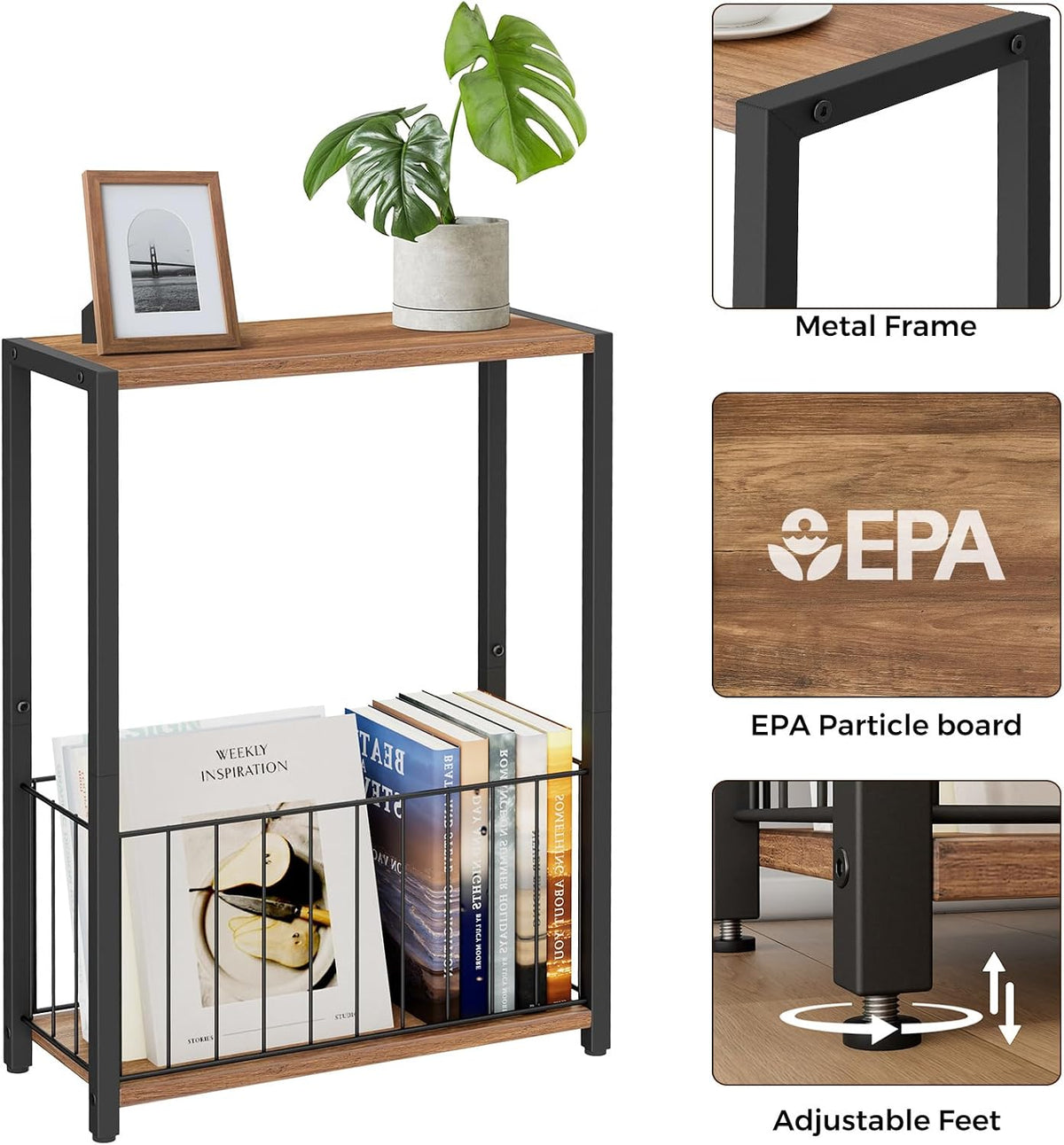 Homleke Narrow Side Table with Magazine Holder, Skinny End Table Perfect for Small Spaces, Space-Saving Design for Living Room, Bedroom, or Office, 7.1" D x 16.9" W x 23.6" H, Rustic Walnut