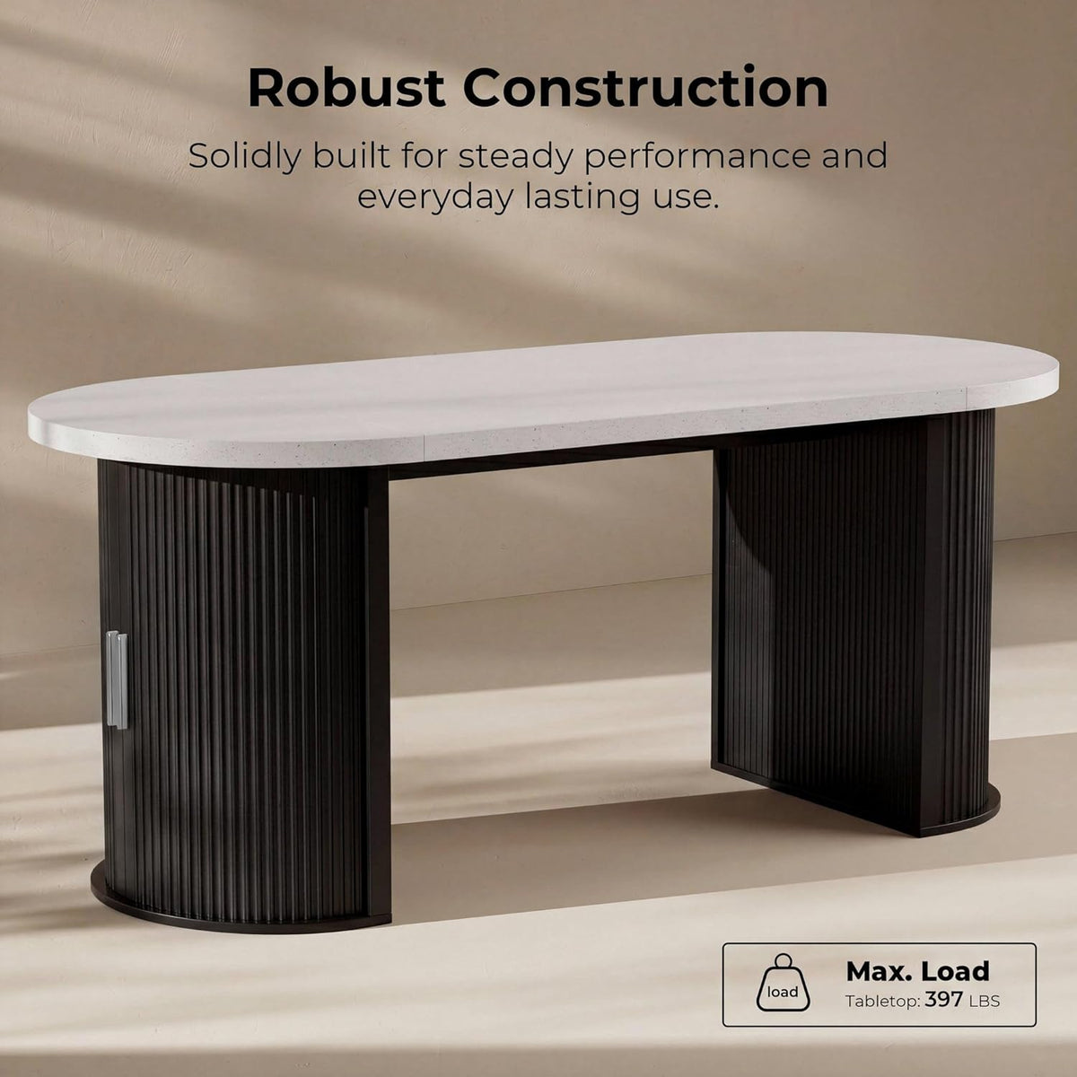 IRONCK 71" Oval Dining Table for 4-8, Modern Farmhouse Dining Table with Hidden Storage & Fluted Base, 1.6" Thick Faux Quartz Top, Dinner Table for Dining Room Kitchen Home Office, Black