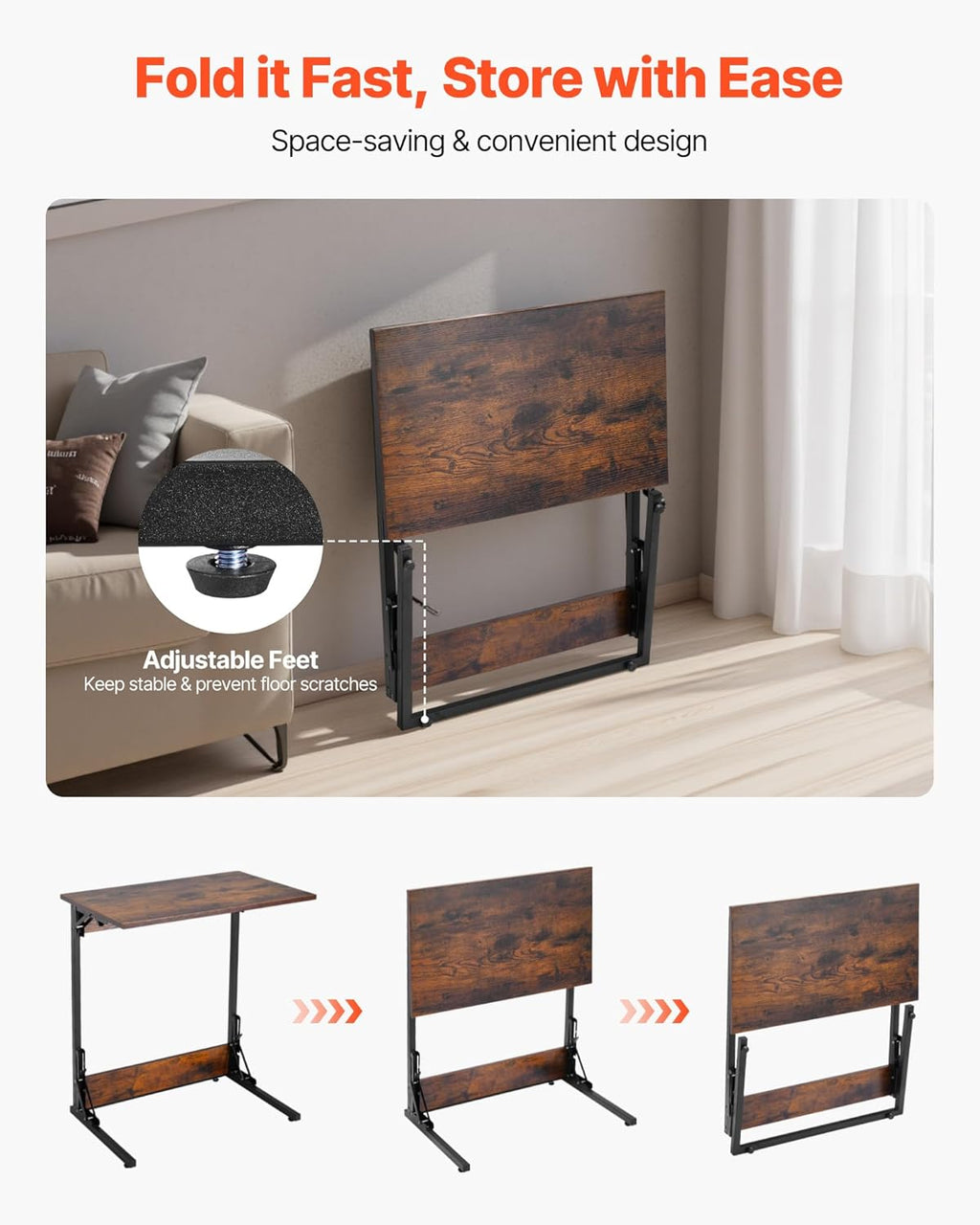 VEVOR C Table, Folding C Shaped End Table with Metal Frame & Adjustable Feet, Foldable C Shaped Side Table for Living Room Bedroom Office, 23.62 x 14.57 x 27.56 inch TV Tray, Brown and Black