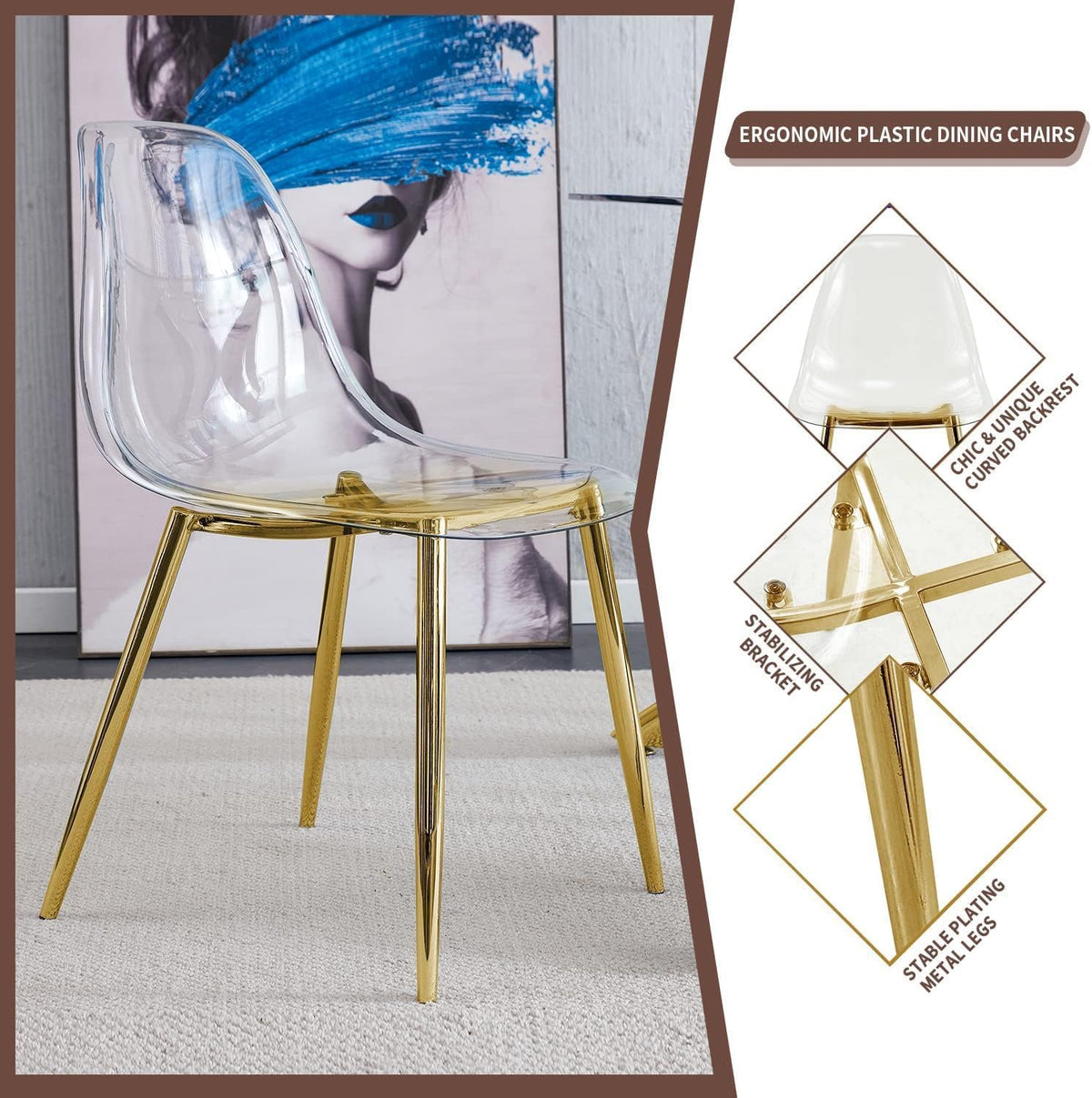 Baysitone Clear Dining Chairs Set of 10, Modern Kitchen Chairs with Transparent Seat, Acrylic Accent Side Chairs with Plating Metal Legs for Dining Room, Kitchen, Living Room with Gold