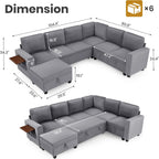 105" Modular Sectional Sleeper Sofa with Pull Out Bed, U Shaped Couch with Storage Chaise & Side Table, Waterproof Pet-Friendly Cat Paw Velvet for Living Room, Tool-Free Assembly(7 Seat Grey)