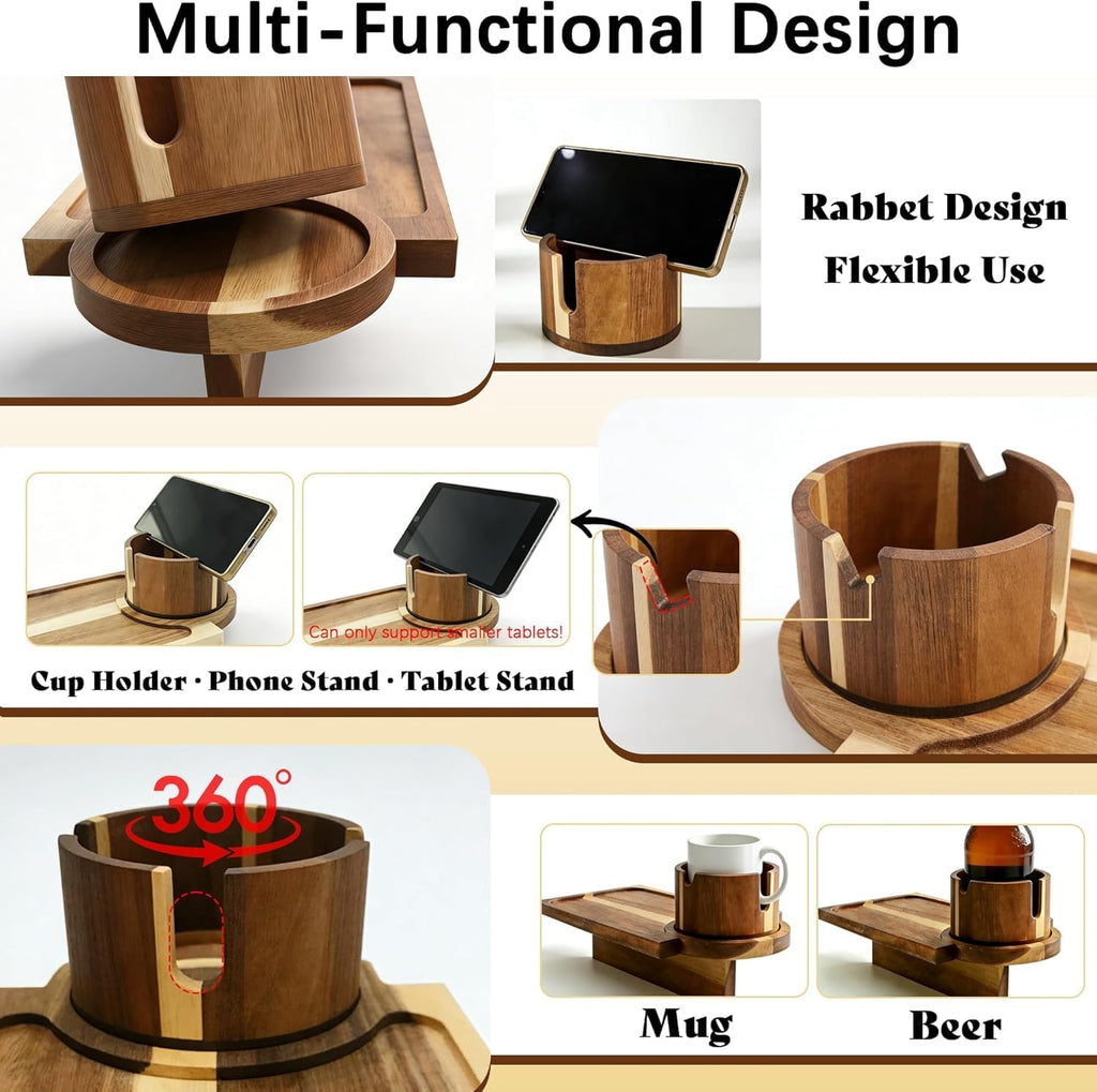 Solid Acacia Wood Couch Cup Holder Tray for Sofa Gap, 3-in-1 Couch Caddy with 360° Rotating Cup Holder, Couch Tray Alternative for Firm Cushions, Snacks, Remote & Phone
