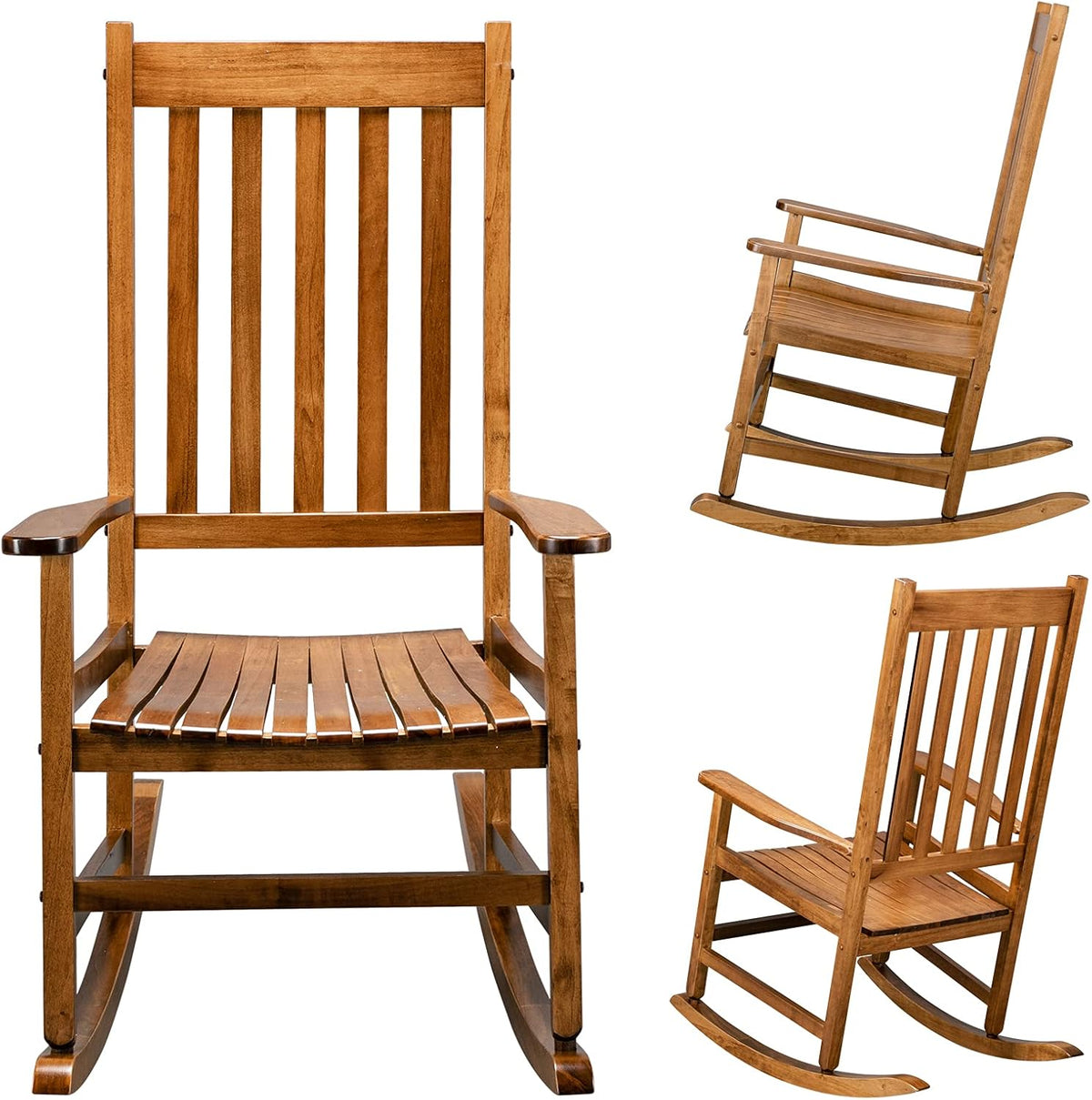 Rocking Chair Wooden Frame Chair Indoor and Outdoor,Outdoor Rocking Chair, Patio Wooden Rocking Chair with Smooth Armrests, High Back for Garden, Balcony, Porch, Supports Up to 352 lbs., Natural