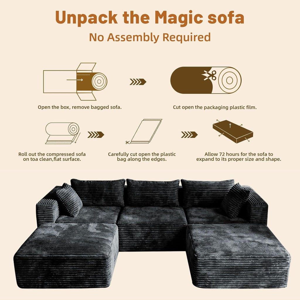 110 Modular Sectional Sofa with 2 Ottomans, Corduroy U-Shaped Modular Sectional Sofa, Convertible Cloud Couch with Deep Seats, No Assembly Required (Grey, 110" 3Seat+2 0ttoman)
