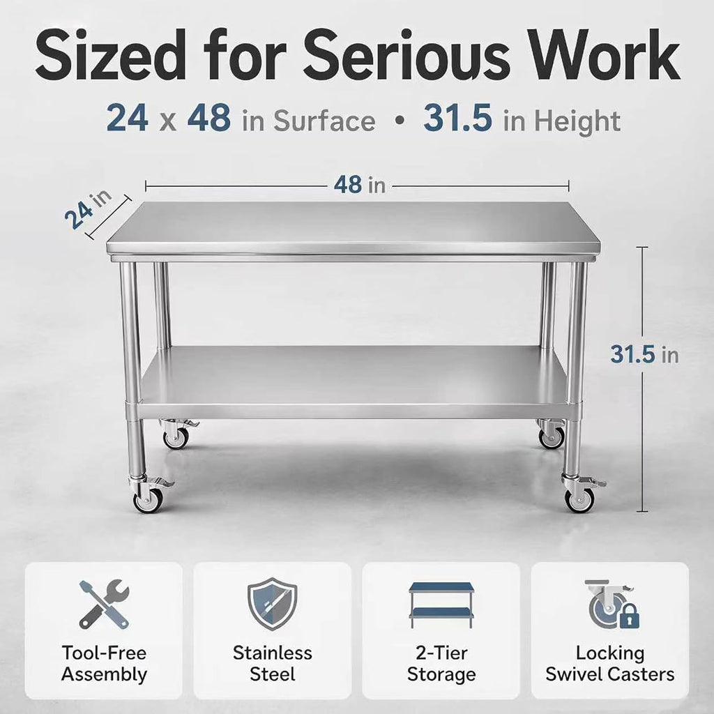 24x48 Stainless Steel Prep Table with Wheels, 1000 lbs, Kitchen, BBQ | Thickened Stainless Steel, 1000-Lb Capacity, Tool-Free Press-Fit Setup, 2-Tier Storage, 4 Locking Casters, 31.5-Inch Height