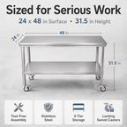 24x48 Stainless Steel Prep Table with Wheels, 1000 lbs, Kitchen, BBQ | Thickened Stainless Steel, 1000-Lb Capacity, Tool-Free Press-Fit Setup, 2-Tier Storage, 4 Locking Casters, 31.5-Inch Height