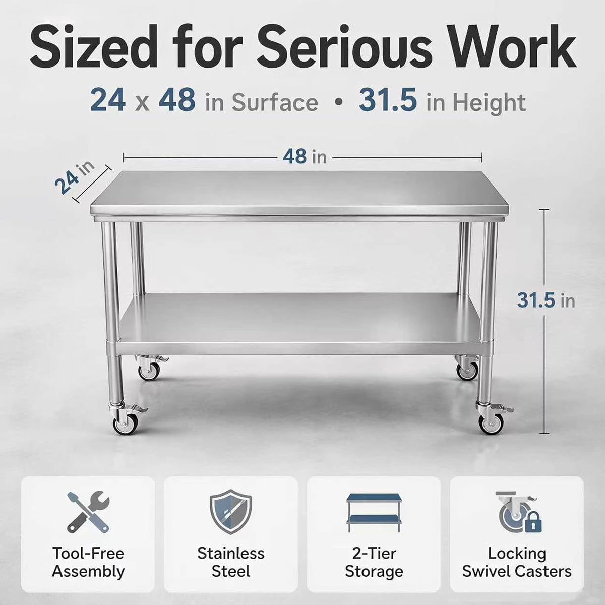 24x48 Stainless Steel Prep Table with Wheels, 1000 lbs, Kitchen, BBQ | Thickened Stainless Steel, 1000-Lb Capacity, Tool-Free Press-Fit Setup, 2-Tier Storage, 4 Locking Casters, 31.5-Inch Height