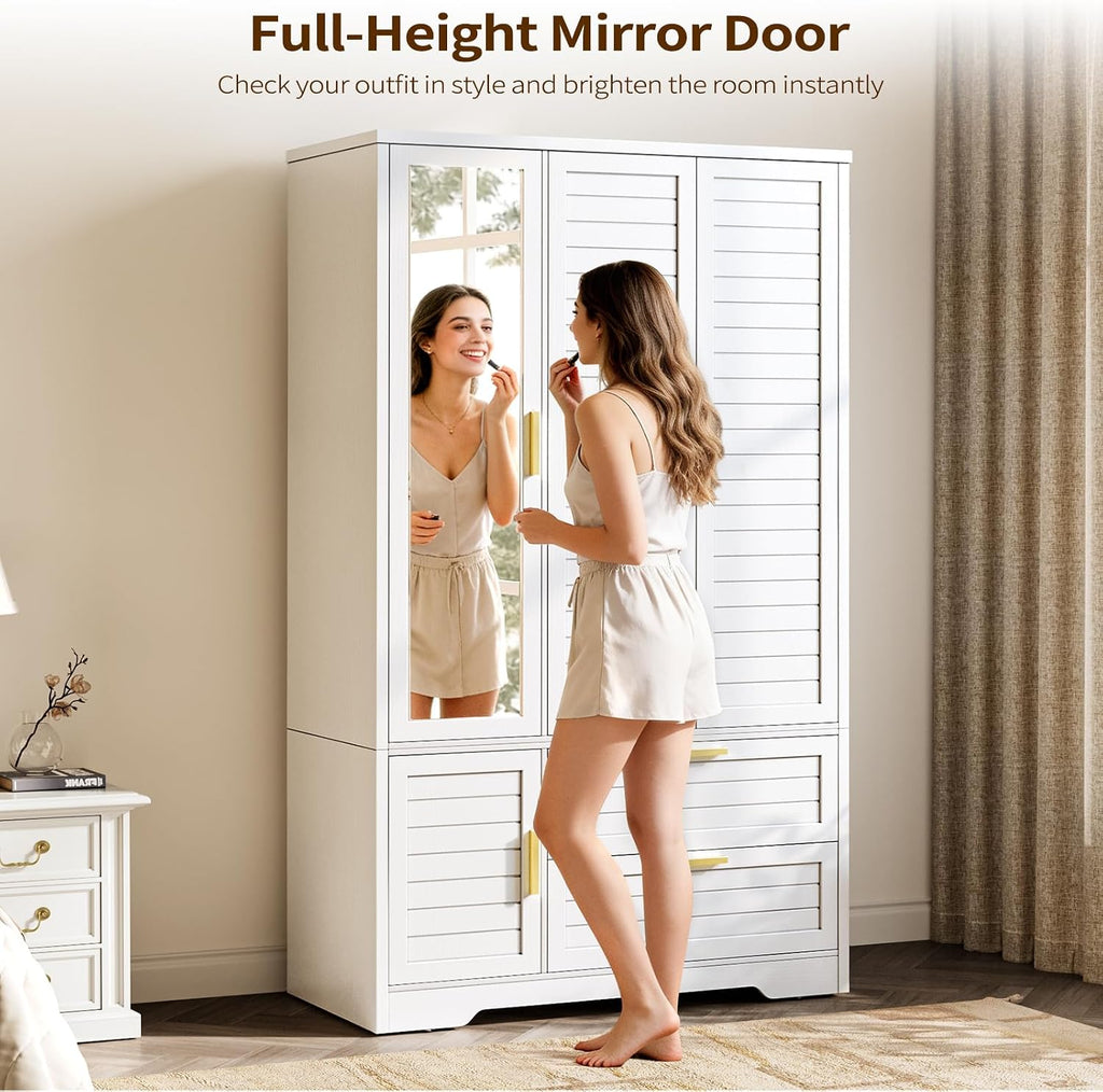 Armoire Wardrobe Closet with Mirror - 71“ Wood Clothing Storage Cabinet, Wardrobe Closet with Doors & 2 Drawers, Freestanding Bedroom Armoires and Wardrobes for Hanging Clothes, 3 Doors, White