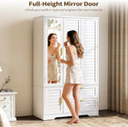 Armoire Wardrobe Closet with Mirror - 71“ Wood Clothing Storage Cabinet, Wardrobe Closet with Doors & 2 Drawers, Freestanding Bedroom Armoires and Wardrobes for Hanging Clothes, 3 Doors, White
