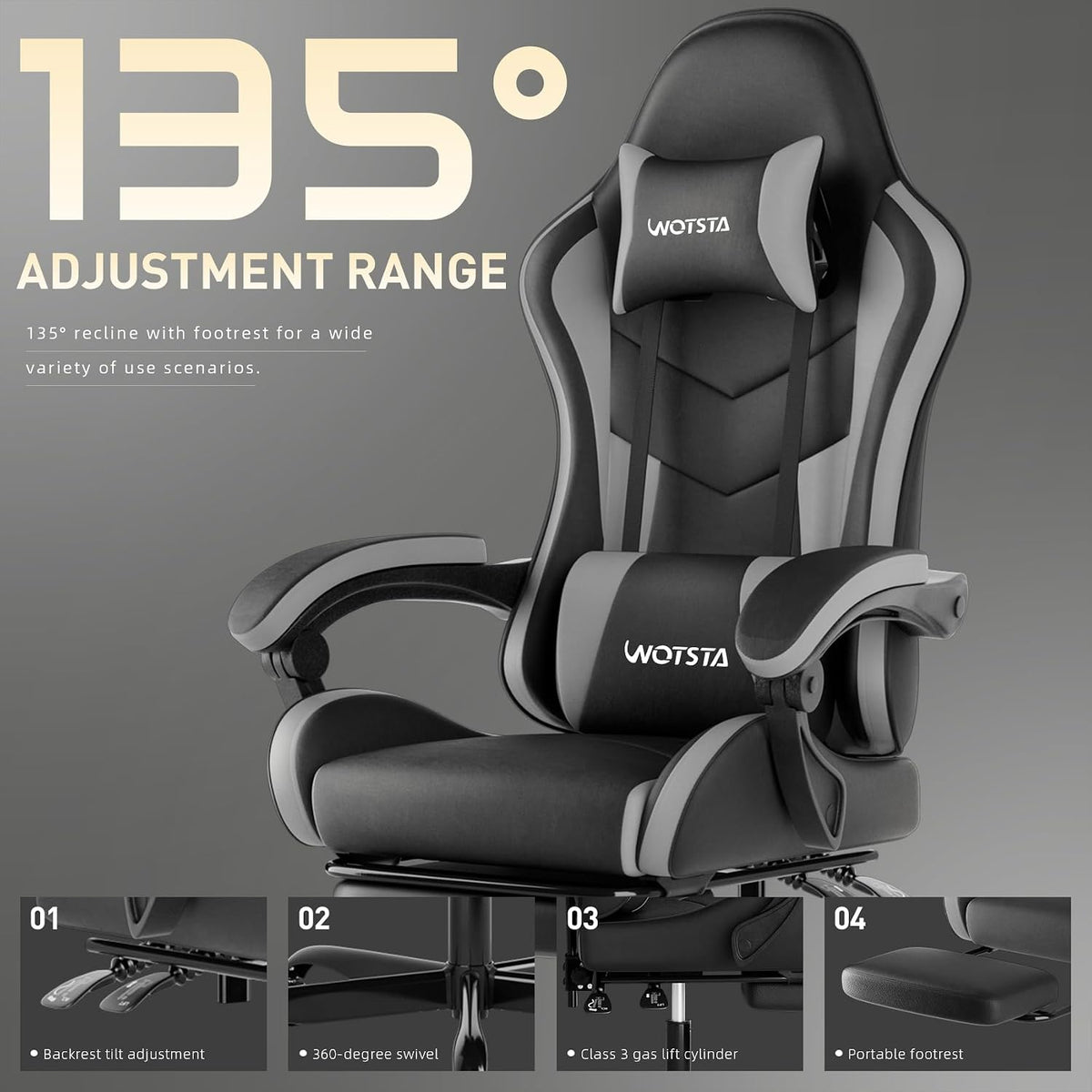 Ergonomic Gaming & Office Chair, Footrest, Racing Design Black/Grey | PVC with headrest,lumbar, Adjustable Height recliner for adults 2D-Linkage Armrests for 300LBS
