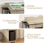Drafting Table with Storage Cabinet & Drawers, Adjustable Drawing Table with Open Shelves, Craft Art Desk for Artists, Painters, Drawing, Crafting, Reading, Writing, Working (Grey)