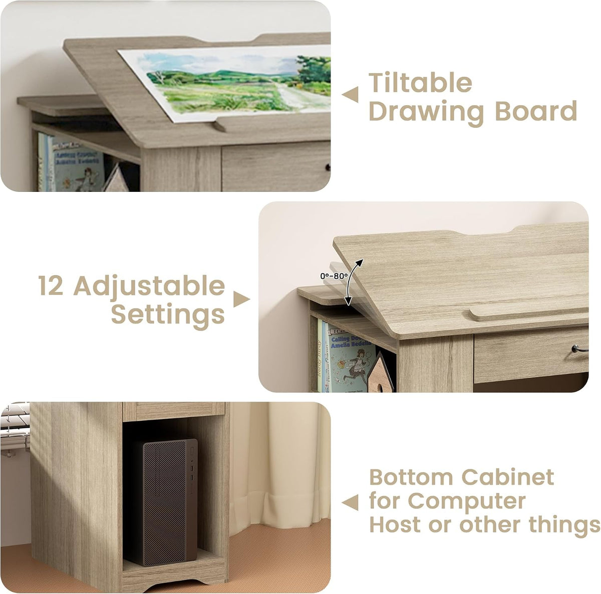 Drafting Table with Storage Cabinet & Drawers, Adjustable Drawing Table with Open Shelves, Craft Art Desk for Artists, Painters, Drawing, Crafting, Reading, Writing, Working (Grey)