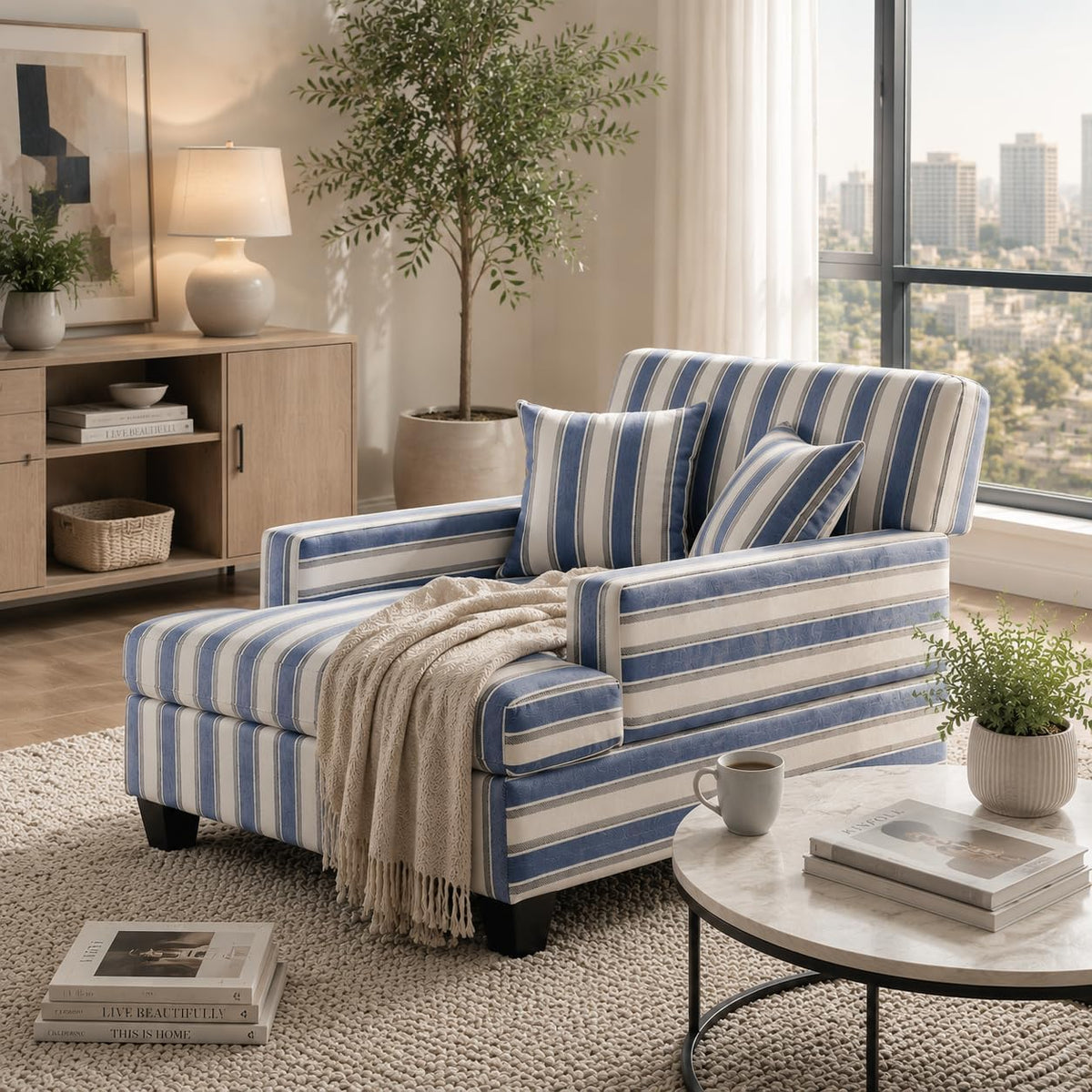 VANOMi 47" Chaise Lounge Chair, Adjustable Backrest, Navy Stripe Chenille | Recliner Sleeper Sofa with Pillows, Oversized Upholstered Single Sofa Bed, Lounge Chair for Living Room, Bedroom, Office