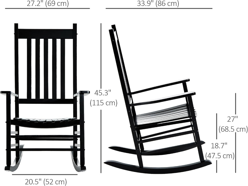 Outsunny Outdoor Rocking Chair High Density Wooden Rockers Black | Patio Rocking Chair, Smooth Curves, for Lawn Garden Porch, Supports Up to 350lbs