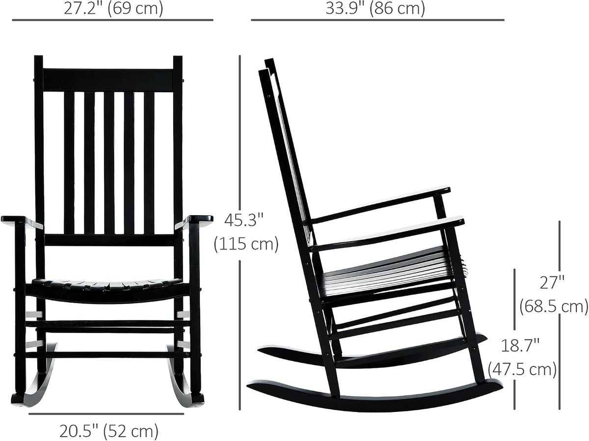 Outsunny Outdoor Rocking Chair High Density Wooden Rockers Black | Patio Rocking Chair, Smooth Curves, for Lawn Garden Porch, Supports Up to 350lbs