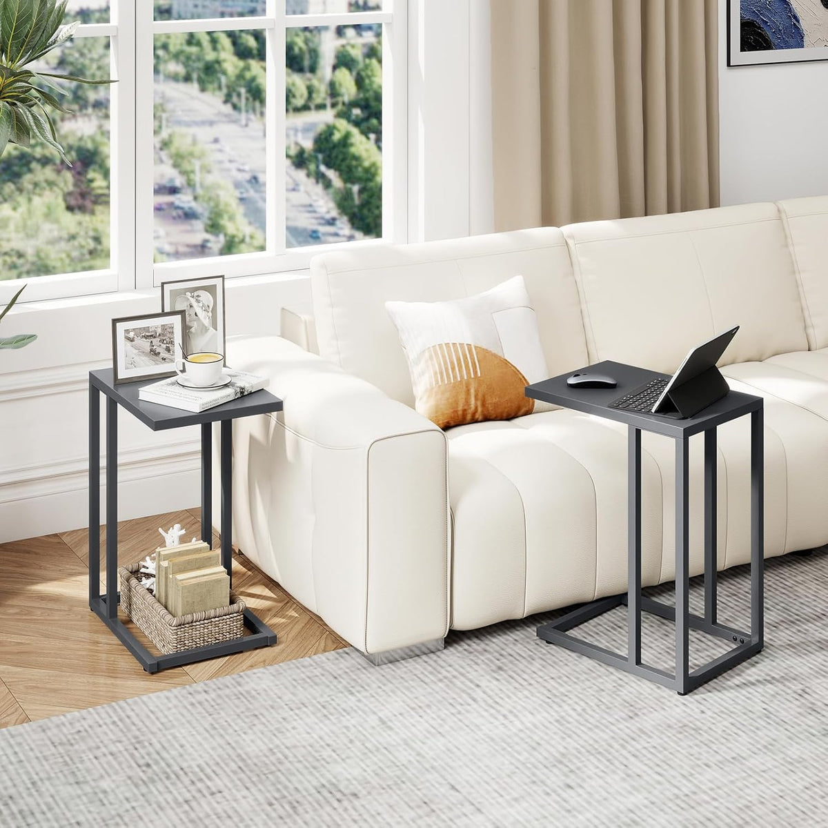 Tangkula C-Shaped End Table, Modern Small TV Tray with Metal Frame, Adjustable Foot Pads, Industrial Couch Sofa Side Table for Living Room Bedroom Office (2, Dark Gray)