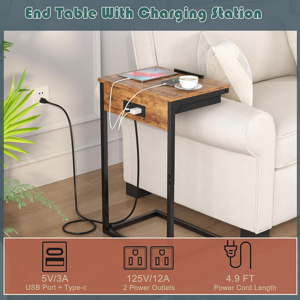 sthmec C Shaped End Table with Charging Station,45° Tiltable Adjustable Flip Top Side Table Set of 2,Small C Table Set 2 for Small Spaces,Slide Under Couch Sofa Bedside Table Living Room,Rustic Brown