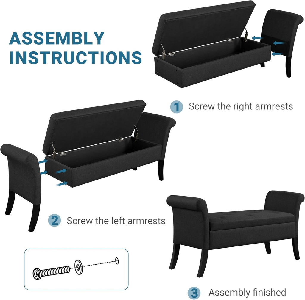 Yaheetech 52in Rolled Arm Storage Ottoman Bench Seat for Entryway, Black | Button-Tufted Bench Seat with 1.9C Storage Space, Rolled Arms, Wood legs, Metal Hinges, for Living Room Window Seat Entryway