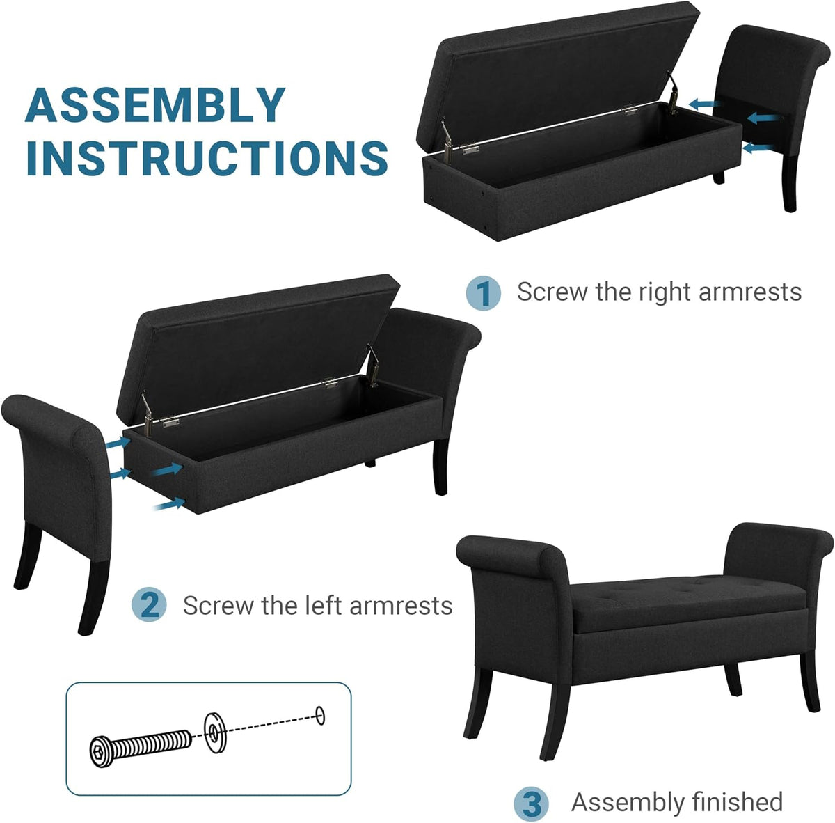 Yaheetech 52in Rolled Arm Storage Ottoman Bench Seat for Entryway, Black | Button-Tufted Bench Seat with 1.9C Storage Space, Rolled Arms, Wood legs, Metal Hinges, for Living Room Window Seat Entryway