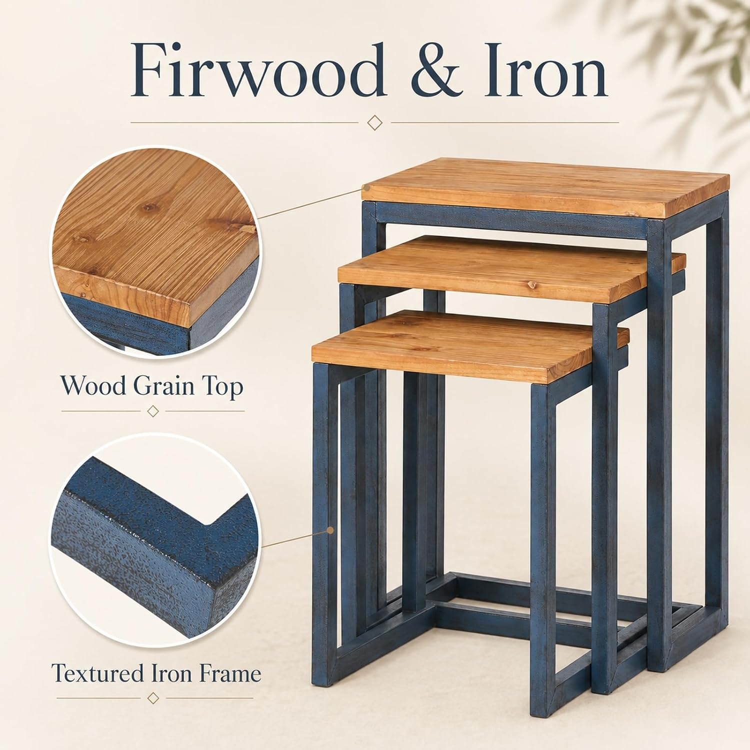 Nesting Table Set of 3, Firwood Tops and Iron Frames | Firwood tops and iron frames, 3-piece nesting table set for living rooms