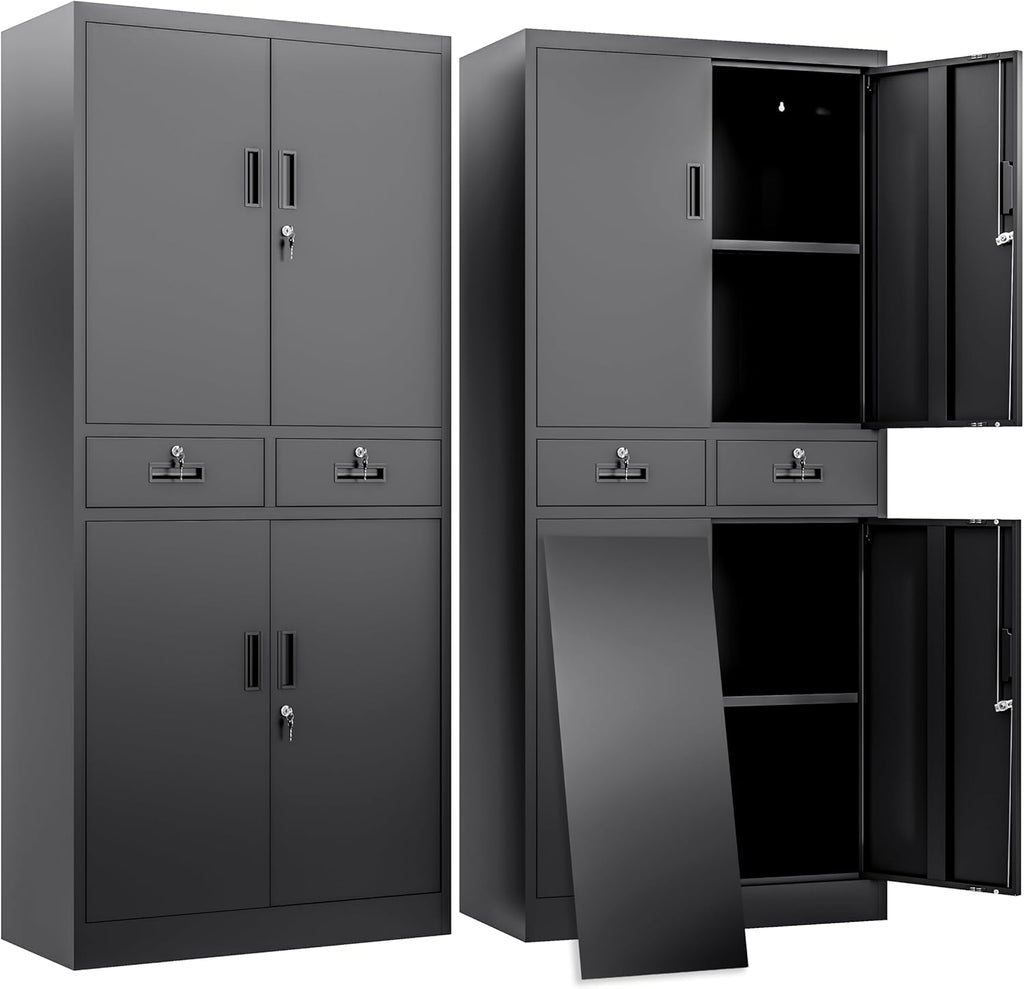 BESFUR Metal Storage Cabinet with 2 Drawers 4 Doors and 2 Adjustable Shelves Garage Storage Cabinet with Lock 71" Office Storage Cabinets Locking Cabinets for Garage Office Shop Home (Black)