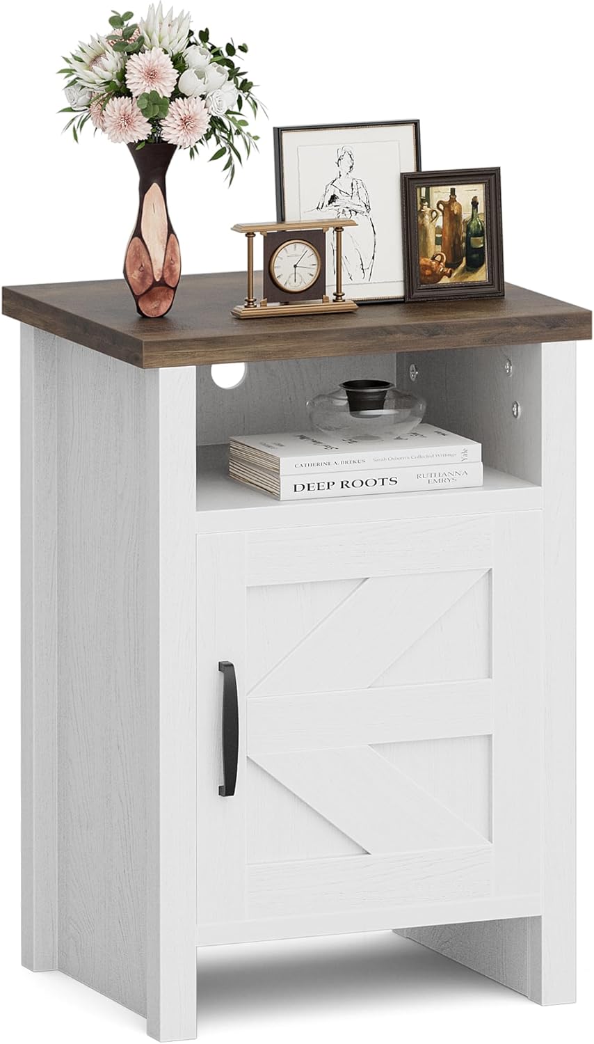 JUMMICO Farmhouse Nightstand, Modern Bedside Table with Barn Door and Shelf, Rustic End Table Side Table for Bedroom,Living Room(1, Rustic & White)
