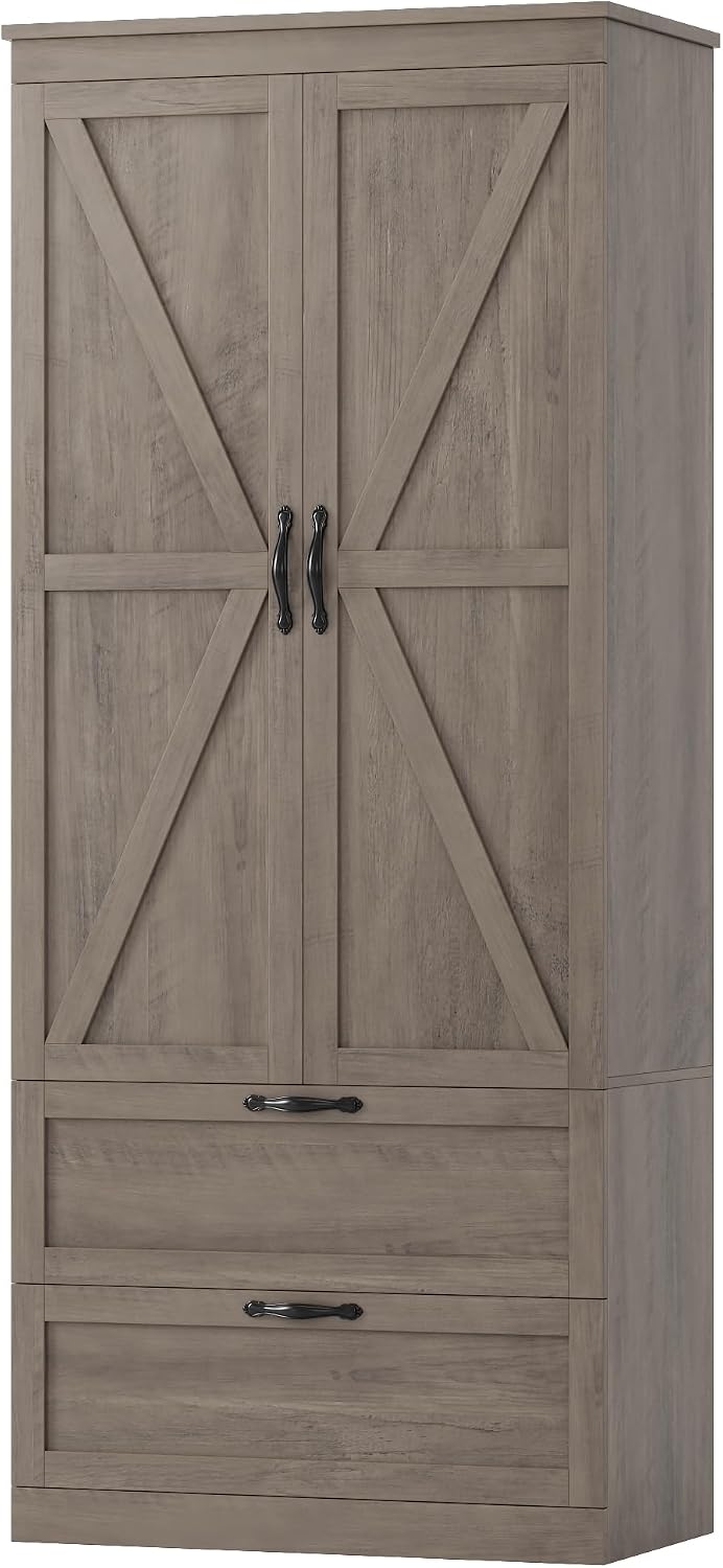 HOSTACK 70" Tall Kitchen Pantry Storage, Barn Doors Pantry Cabinet with Drawers and Adjustable Shelf, Modern Farmhouse Storage Cabinet for Kitchen, Dining Room, Living Room, Bathroom, Ash Grey